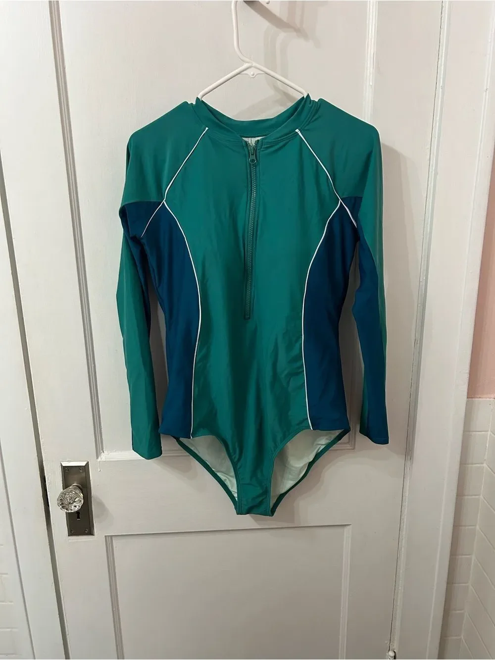 Never Worn Teal and Navy Long Sleeve Zip Front Swimsuit